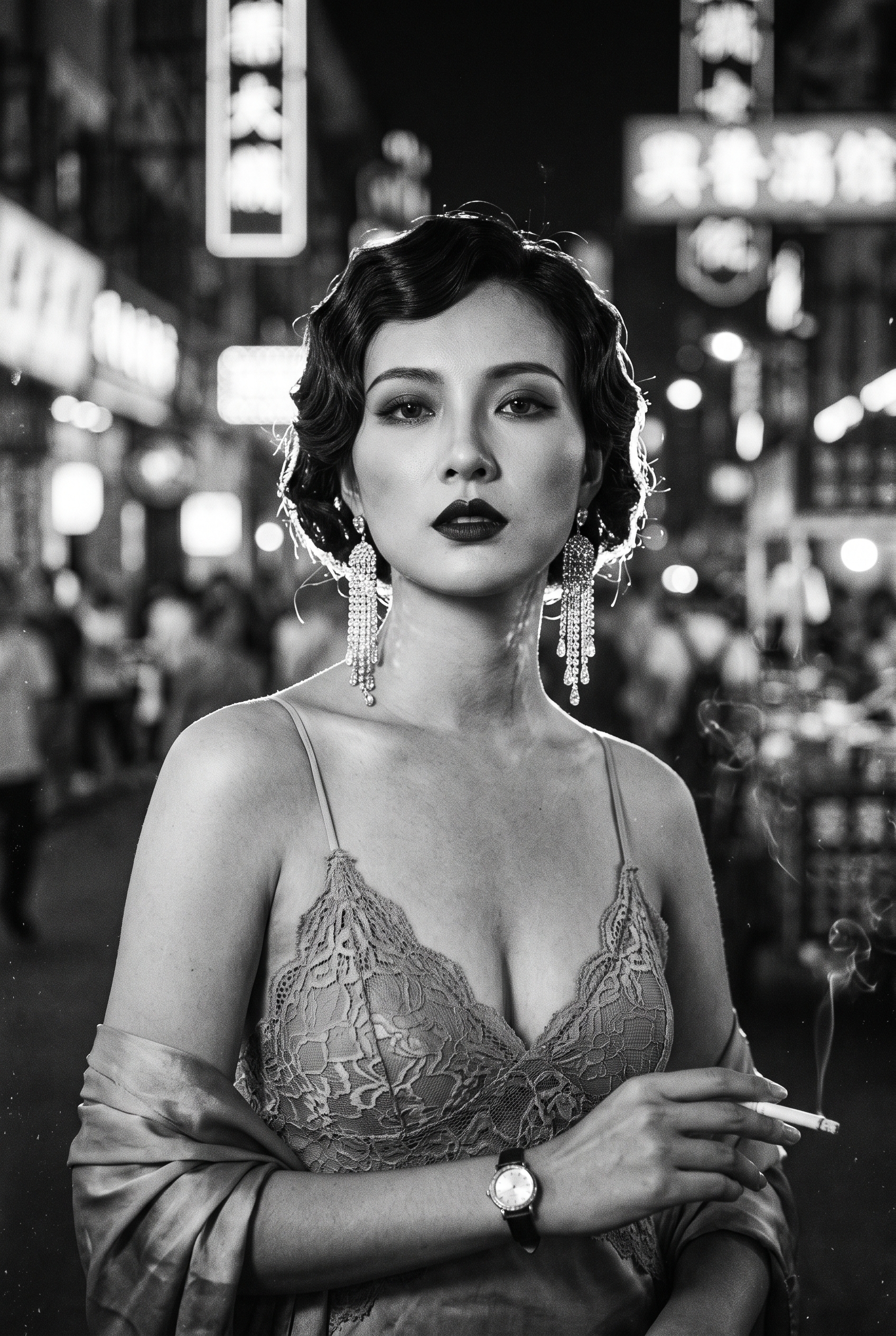 High-contrast black and white vintage glamour portrait, 1...