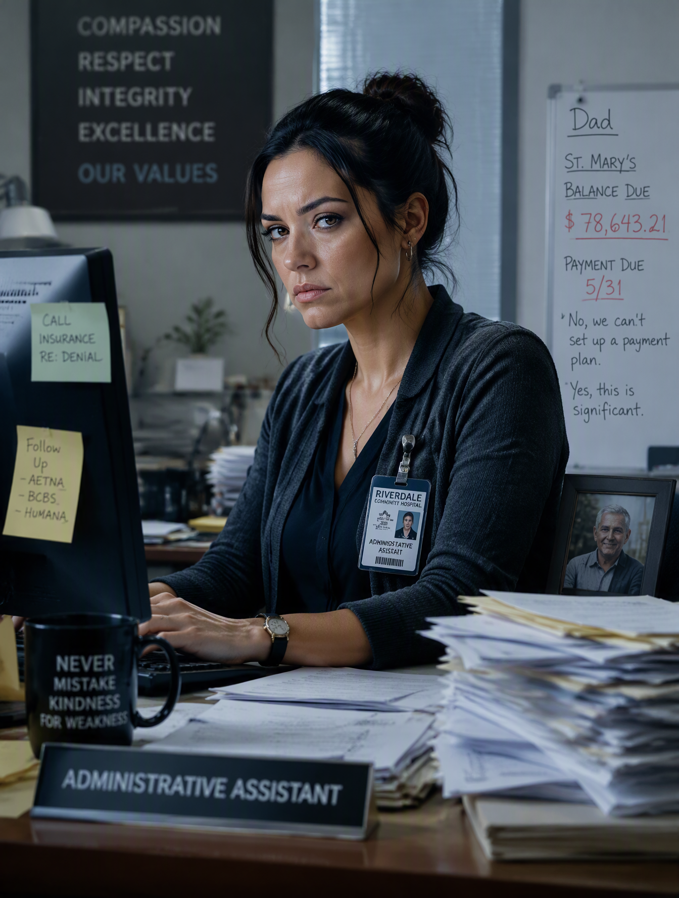 A sharp, guarded hospital administrative assistant drowni...