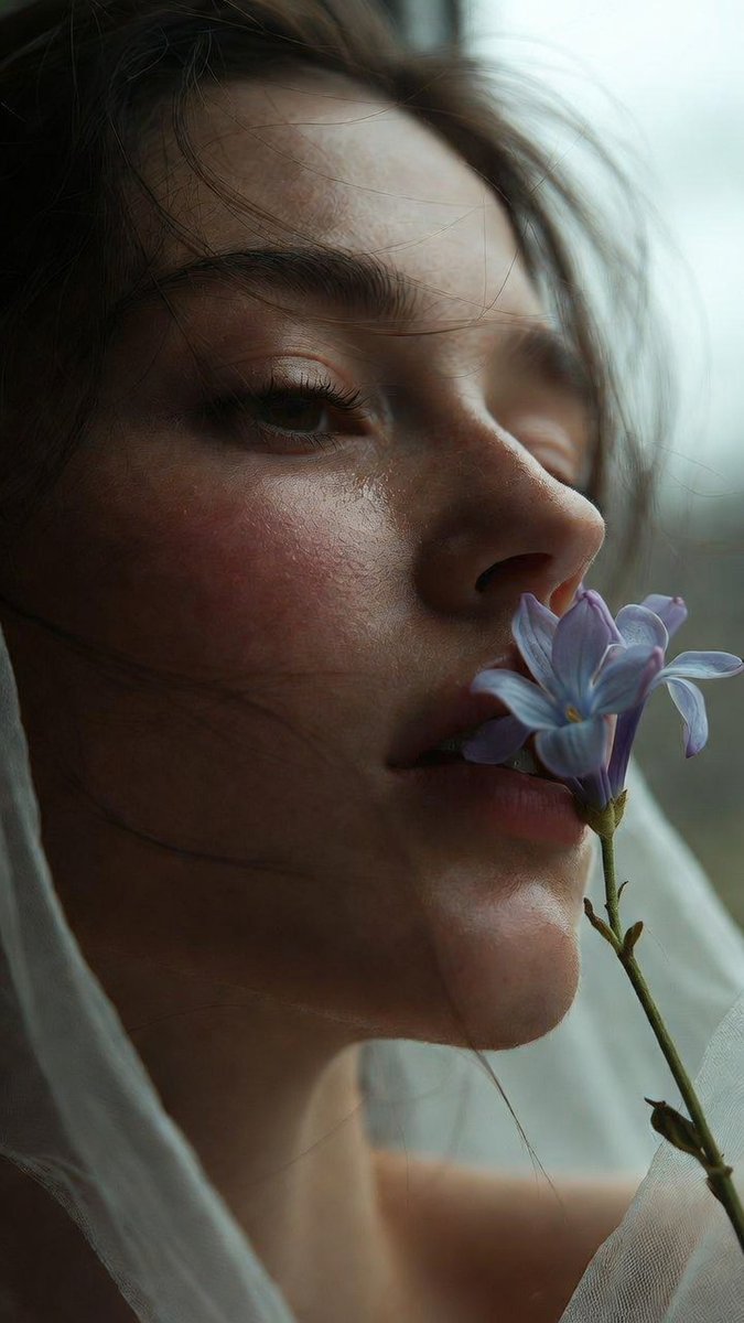 Soft close-up of a woman with eyes half-closed, a single ...