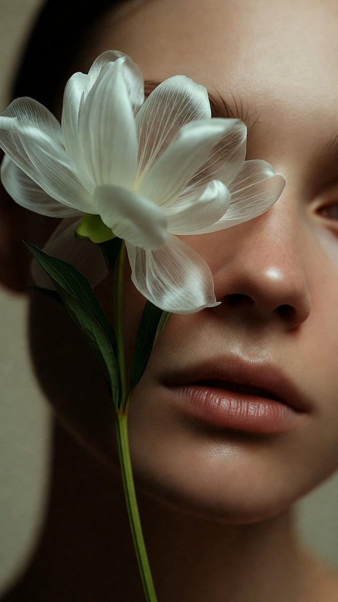Soft close-up of a woman with eyes half-closed, a single ... - alternate