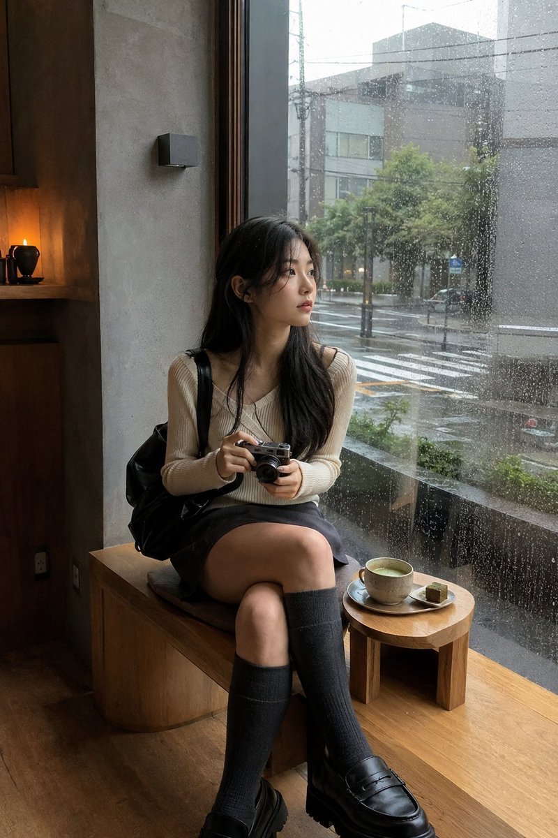 Young woman matching the uploaded reference exactly, sitt...