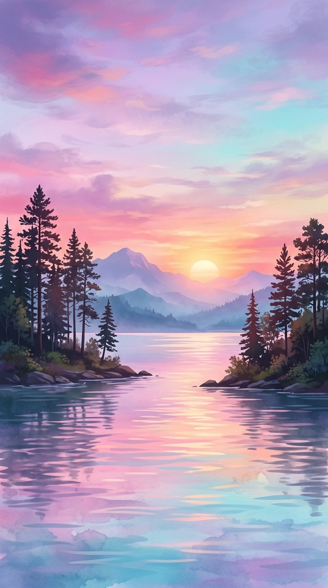 A tranquil digital landscape featuring a vibrant, glowing... - alternate