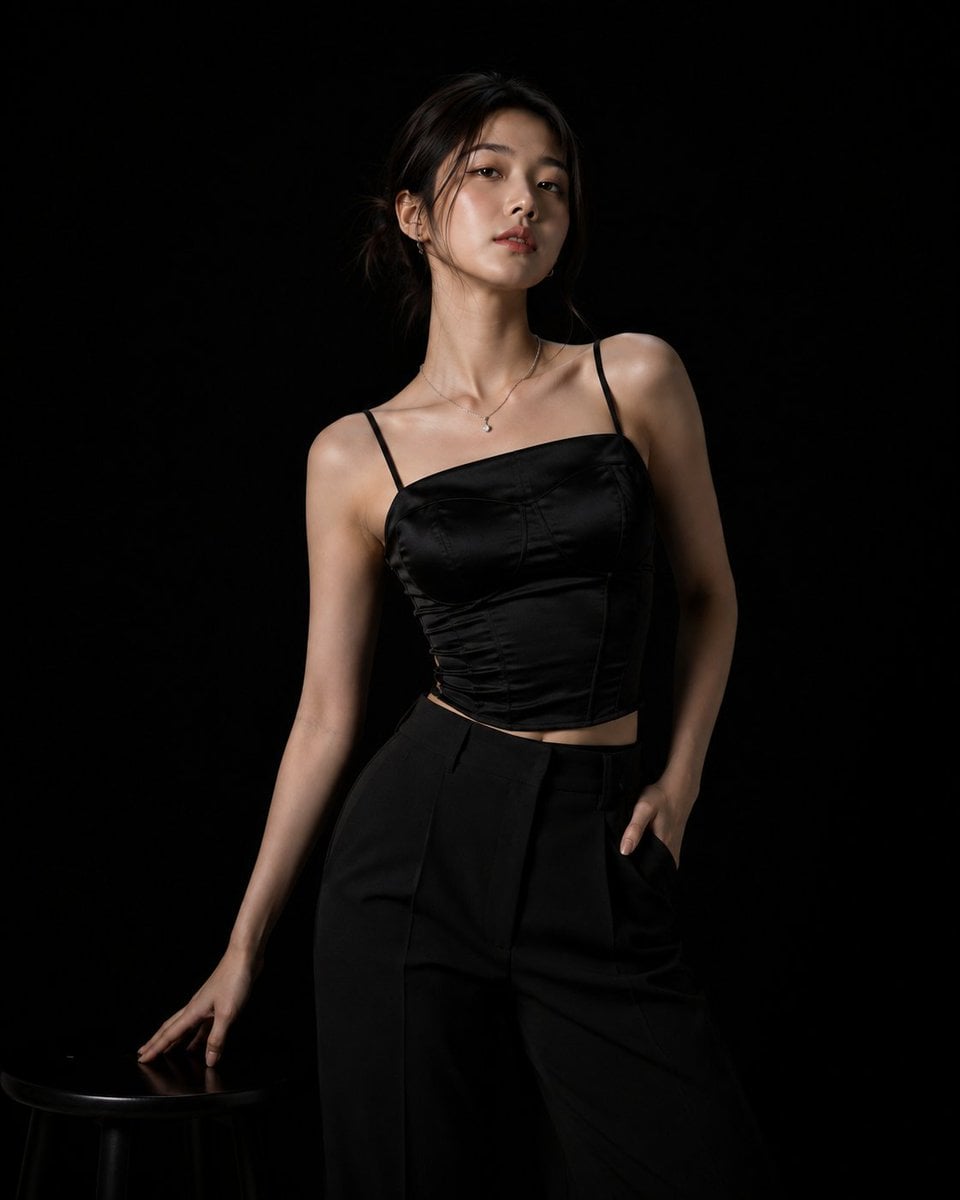 Photorealistic high-fashion studio photoshoot of a beauti... - alternate