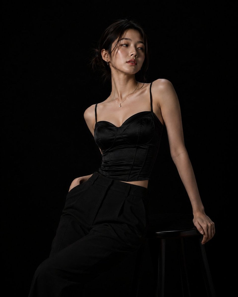 Photorealistic high-fashion studio photoshoot of a beauti... - alternate