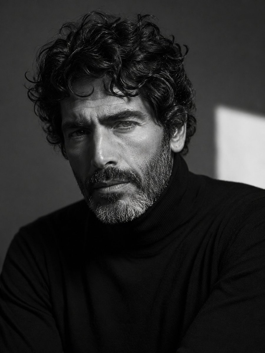 A cinematic black-and-white close-up portrait of a rugged...