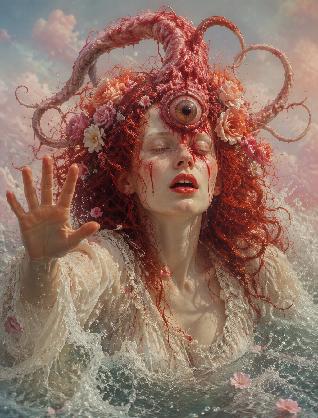 A surrealistic photo of a woman with vibrant red curly ha...