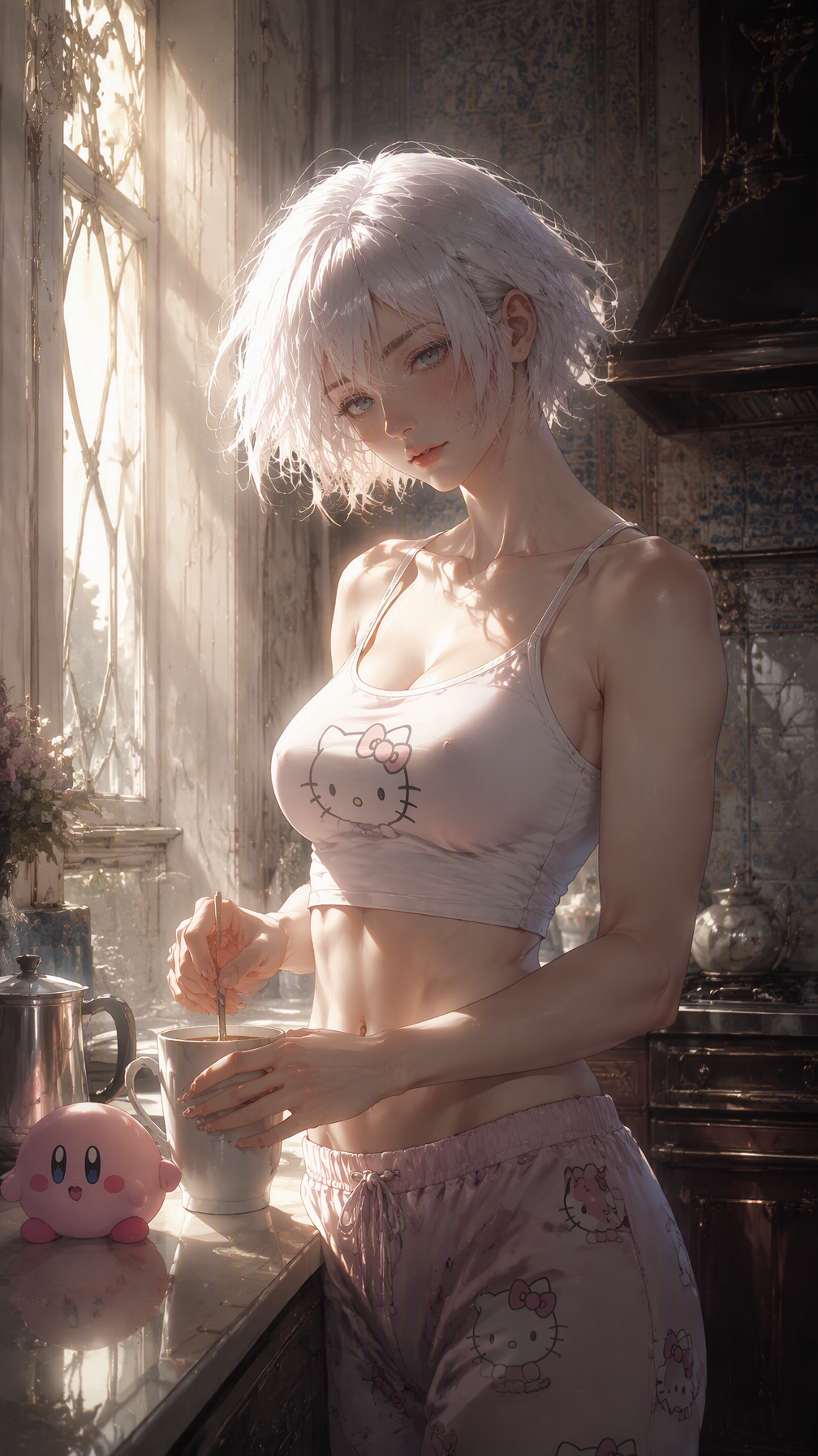 年轻女性在晨曦微光中准备咖啡的场景,日式动画美学与数字绘画风格,画面充满空灵感与静谧的亲密氛围。