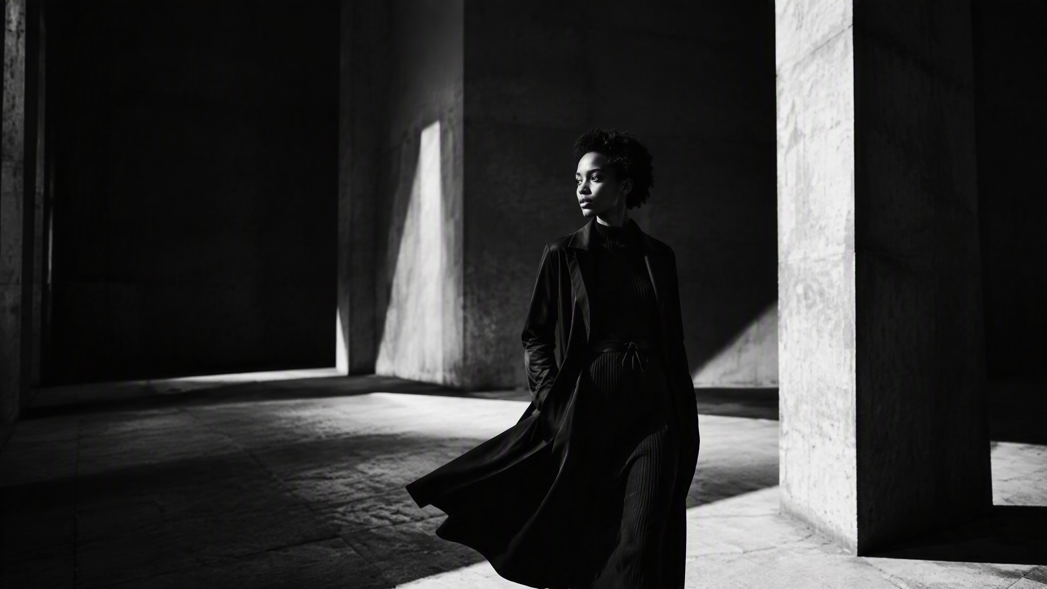 16:9 black-and-white cinematic editorial photograph, desi...