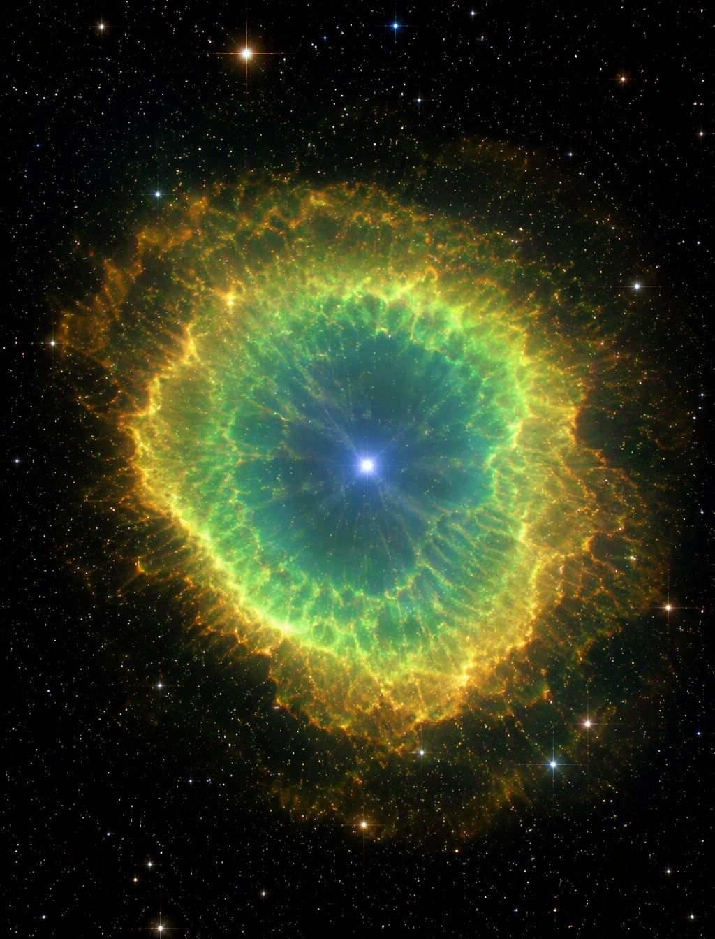 Photorealistic deep-space image. A vivid emerald-and-gold...
