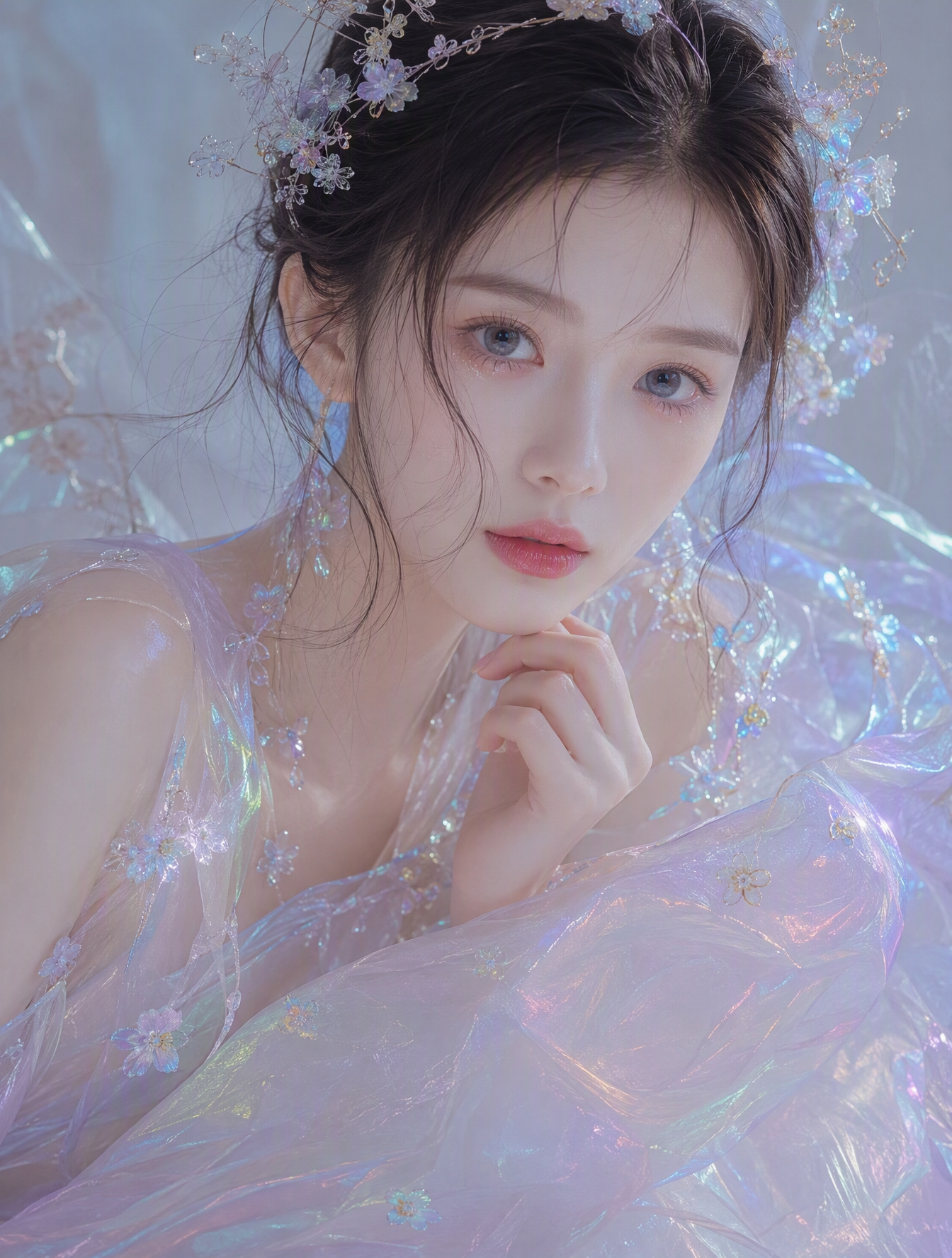 超写实空灵奇幻肖像，展现一位令人惊叹的亚洲年轻女子:肌肤如精致瓷器般白皙，双眸