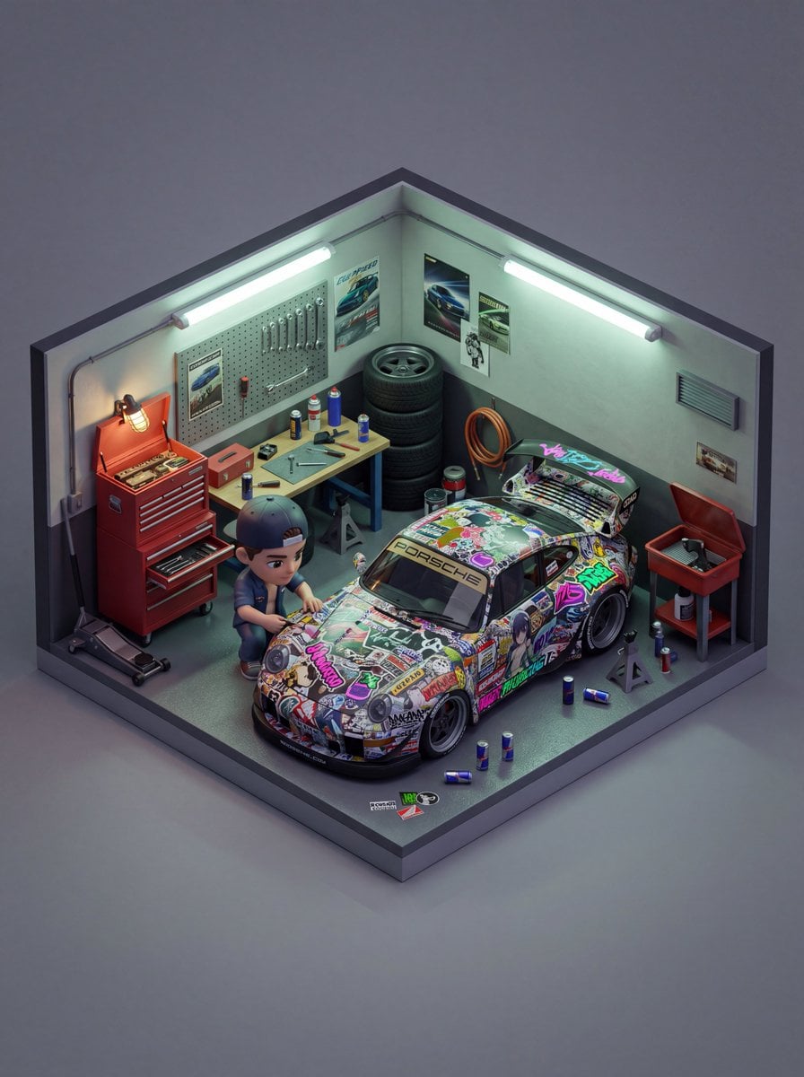 An isometric 3D cube-shaped miniature room (shallow cutaw... - alternate