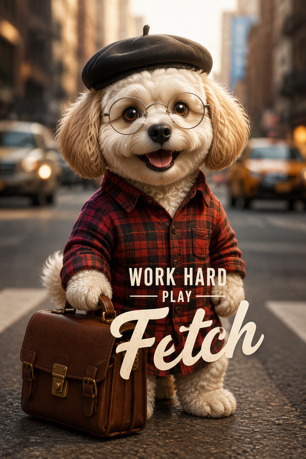 A fluffy white dog wearing a red plaid shirt and a black ...
