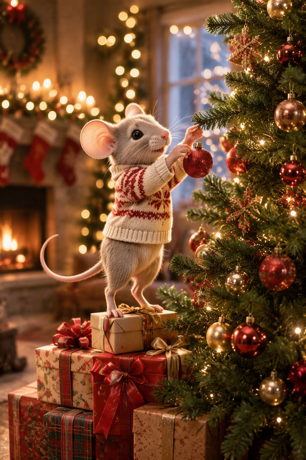 Photo. mouse, standing on boxes of gifts hangs a Christma...