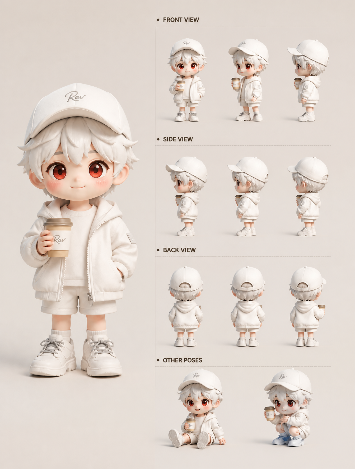 A cute 3D chibi character model sheet, Pixar/Disney-style...