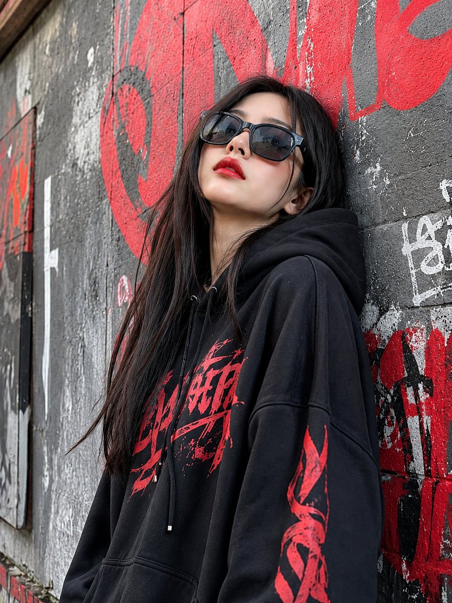 A cinematic dark street-fashion portrait of a young woman...