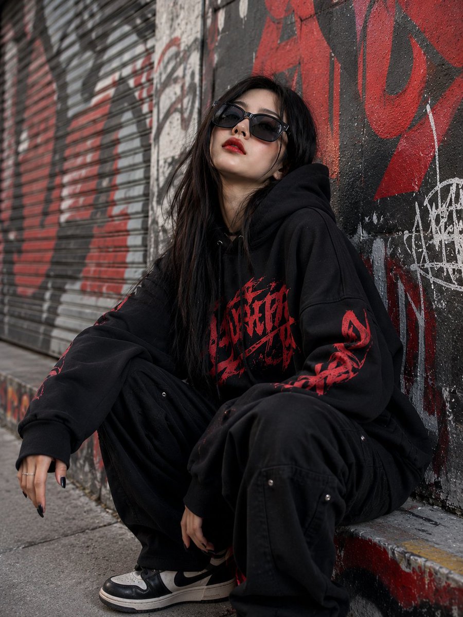 A cinematic dark street-fashion portrait of a young woman... - alternate