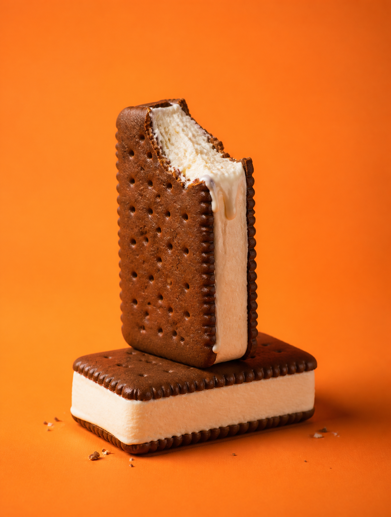 "A studio food still-life of two chocolate ice-cream sand...