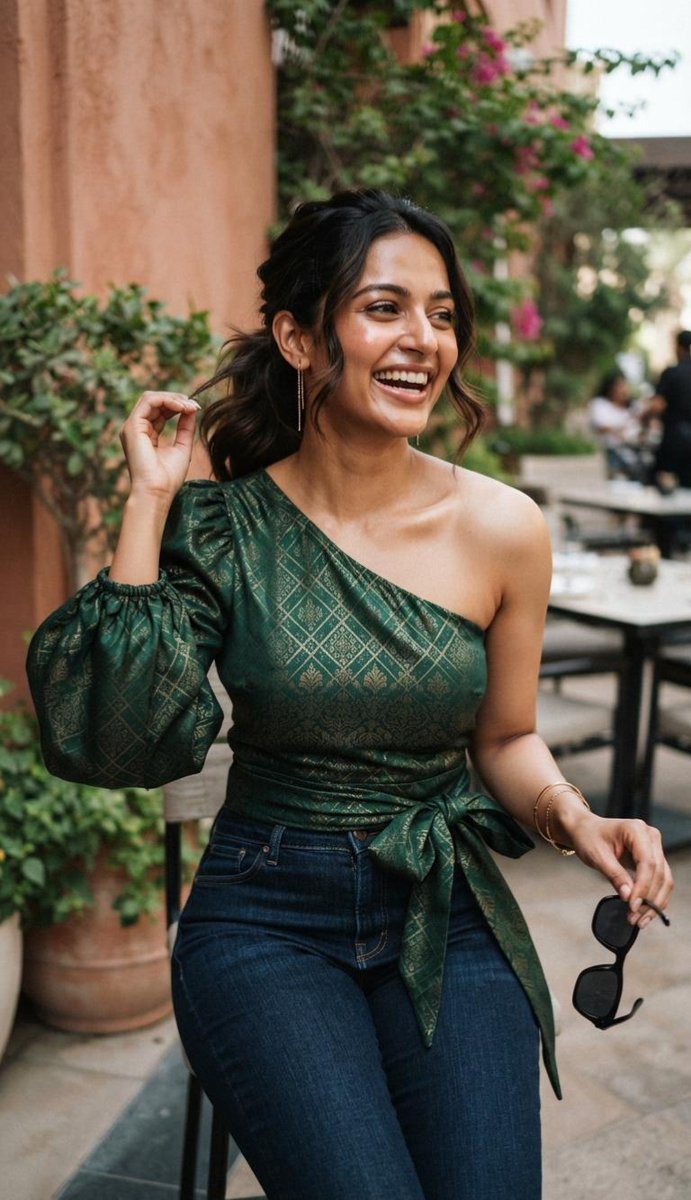 A medium shot of a cheerful young South Asian woman sitti...