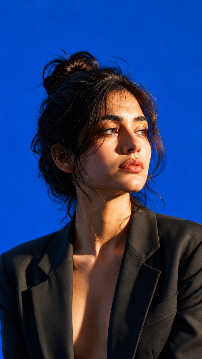 A cinematic editorial portrait of a beautiful young woman...