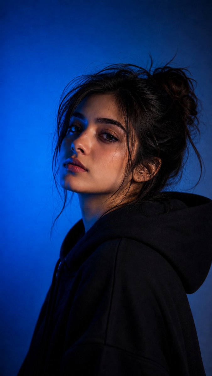 A cinematic editorial portrait of a beautiful young woman... - alternate