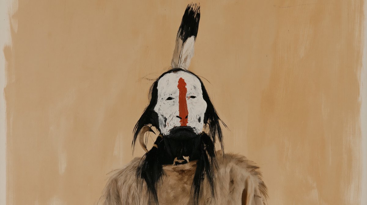 Elderly Arikara chief with white tribal face paint, buffa...