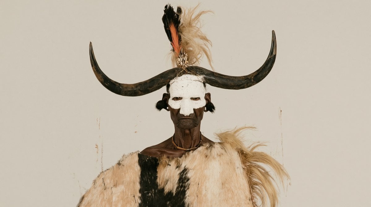 Elderly Arikara chief with white tribal face paint, buffa... - alternate