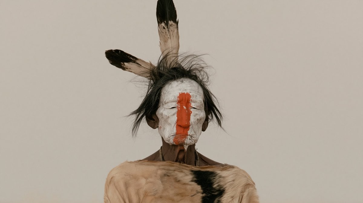 Elderly Arikara chief with white tribal face paint, buffa... - alternate