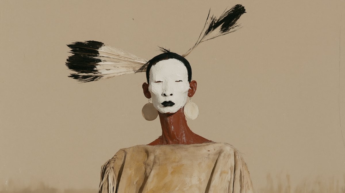 Elderly Arikara chief with white tribal face paint, buffa... - alternate