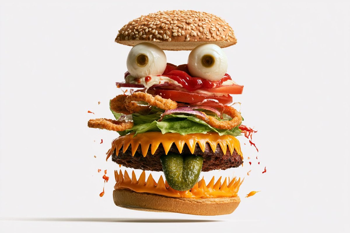 Ultra-realistic exploded view of a monster-shaped [Food],... - alternate