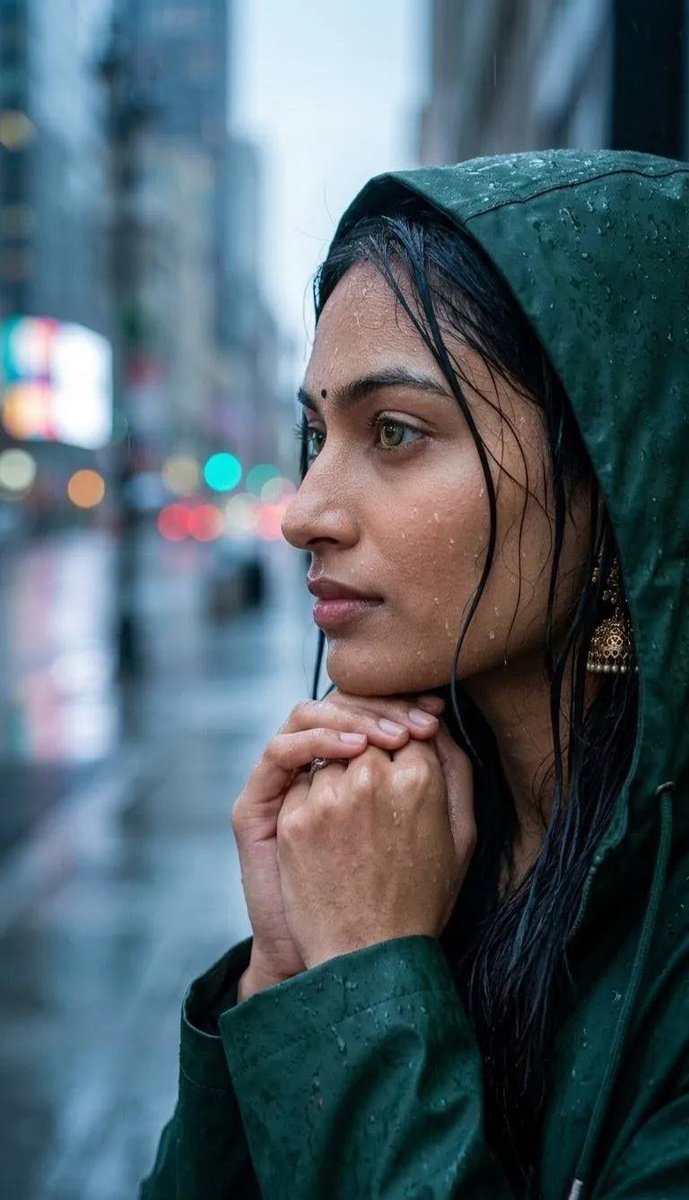 A close-up profile portrait of a young South Asian woman ...