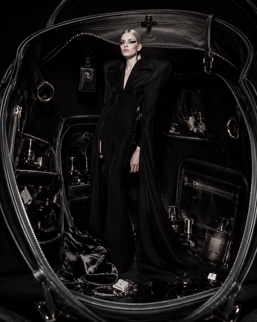 A surreal high-fashion editorial photograph of a young wo...