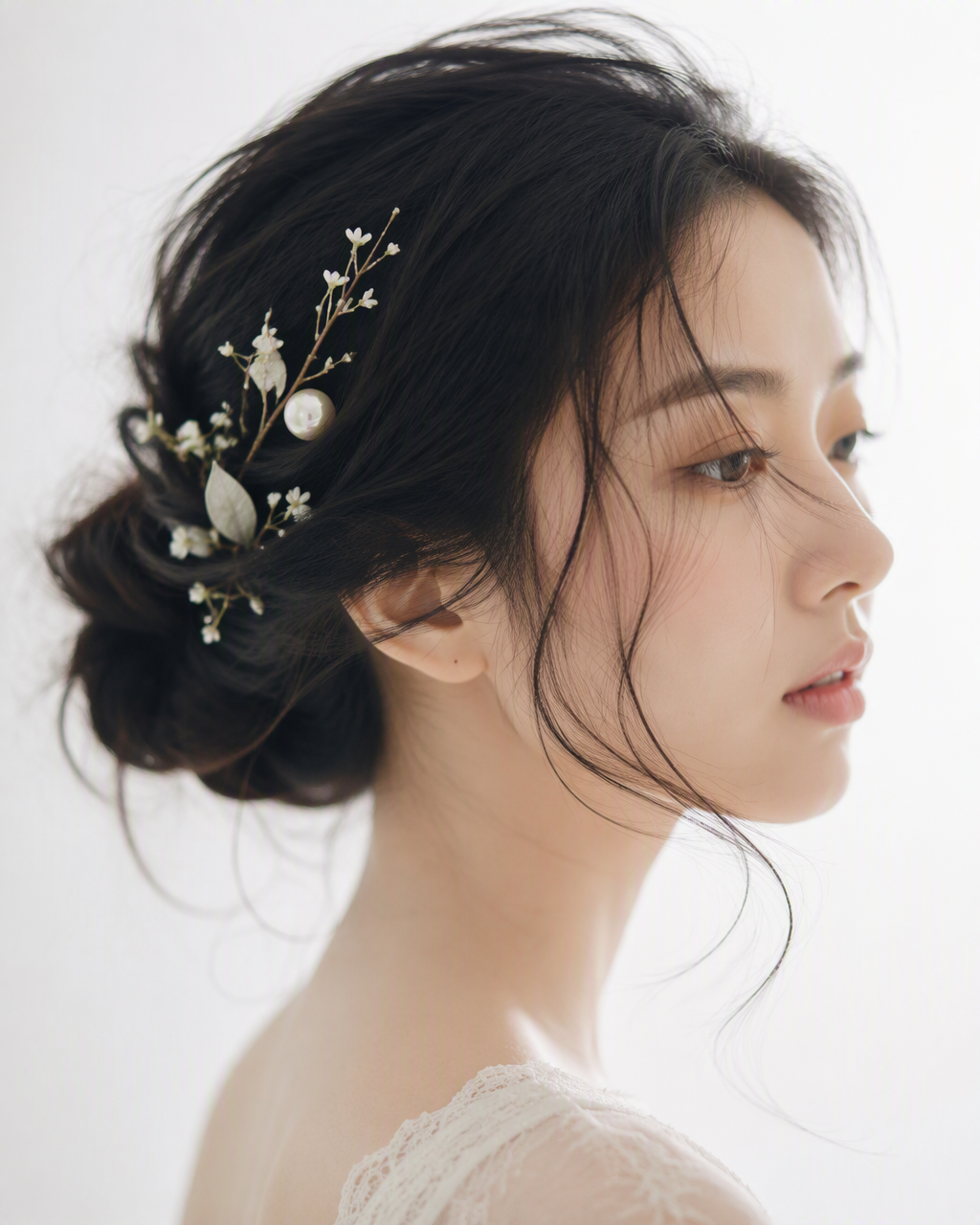 4:5竖幅，真人写实高调侧脸人像，年轻东亚女性，深棕黑长发做成松散低位盘发，后脑发量蓬松有体积，发束自然交叠，不做...