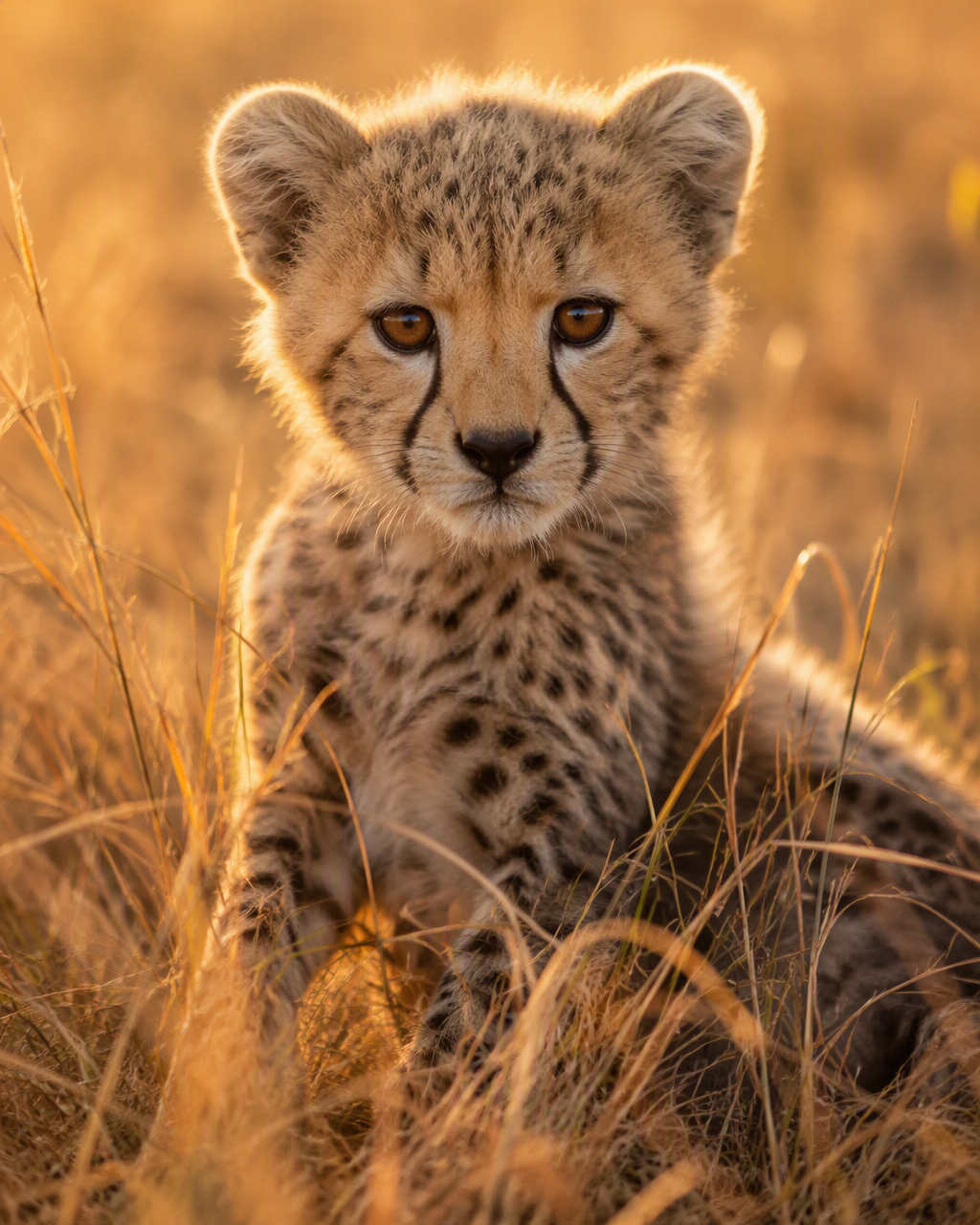 Hyper-realistic wildlife photograph. A young cheetah cub ...