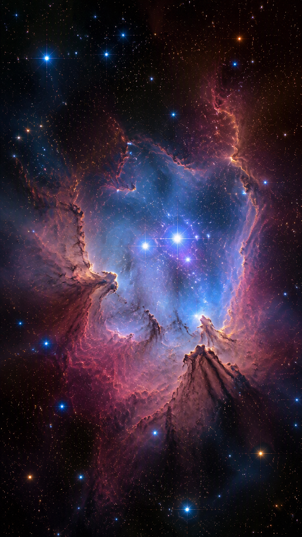 A cinematic photorealistic image of a vivid blue-and-pink...