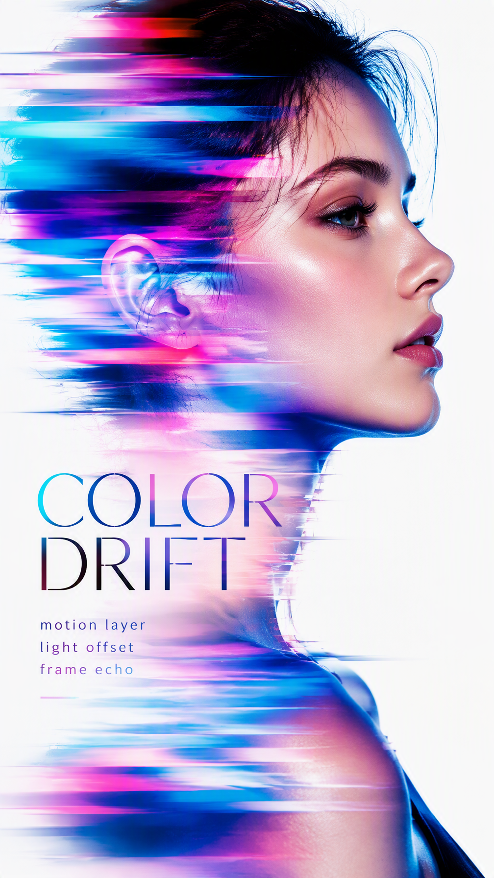A 9:16 experimental beauty portrait poster. A young woman...