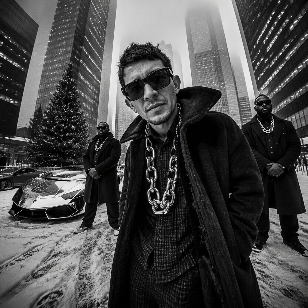 A black-and-white, high-contrast, ultra-glamorous street ...
