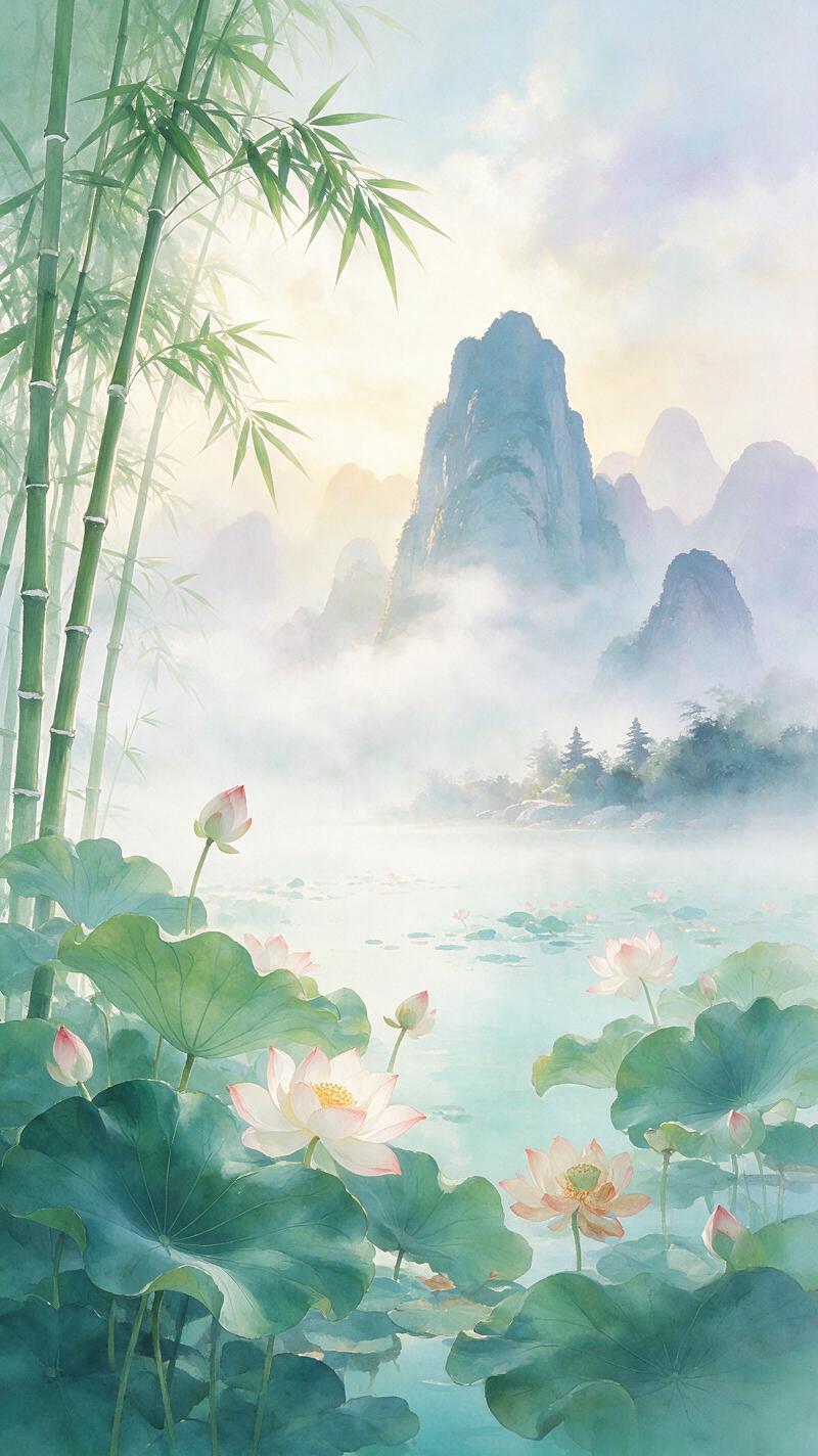Create a vertical 9:16 ethereal Chinese-inspired landscap...