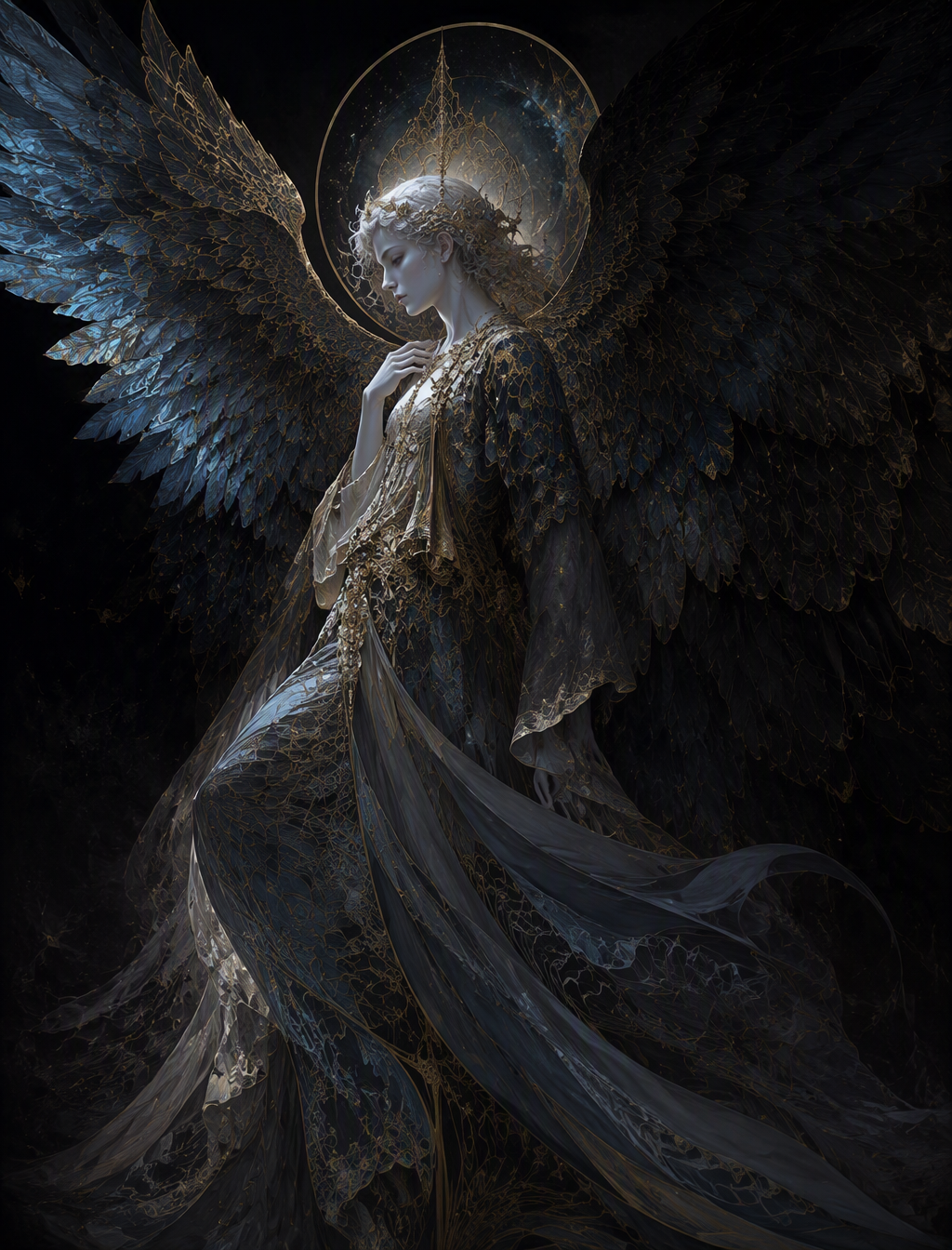 A celestial entity with expansive sable wings, feathers r...