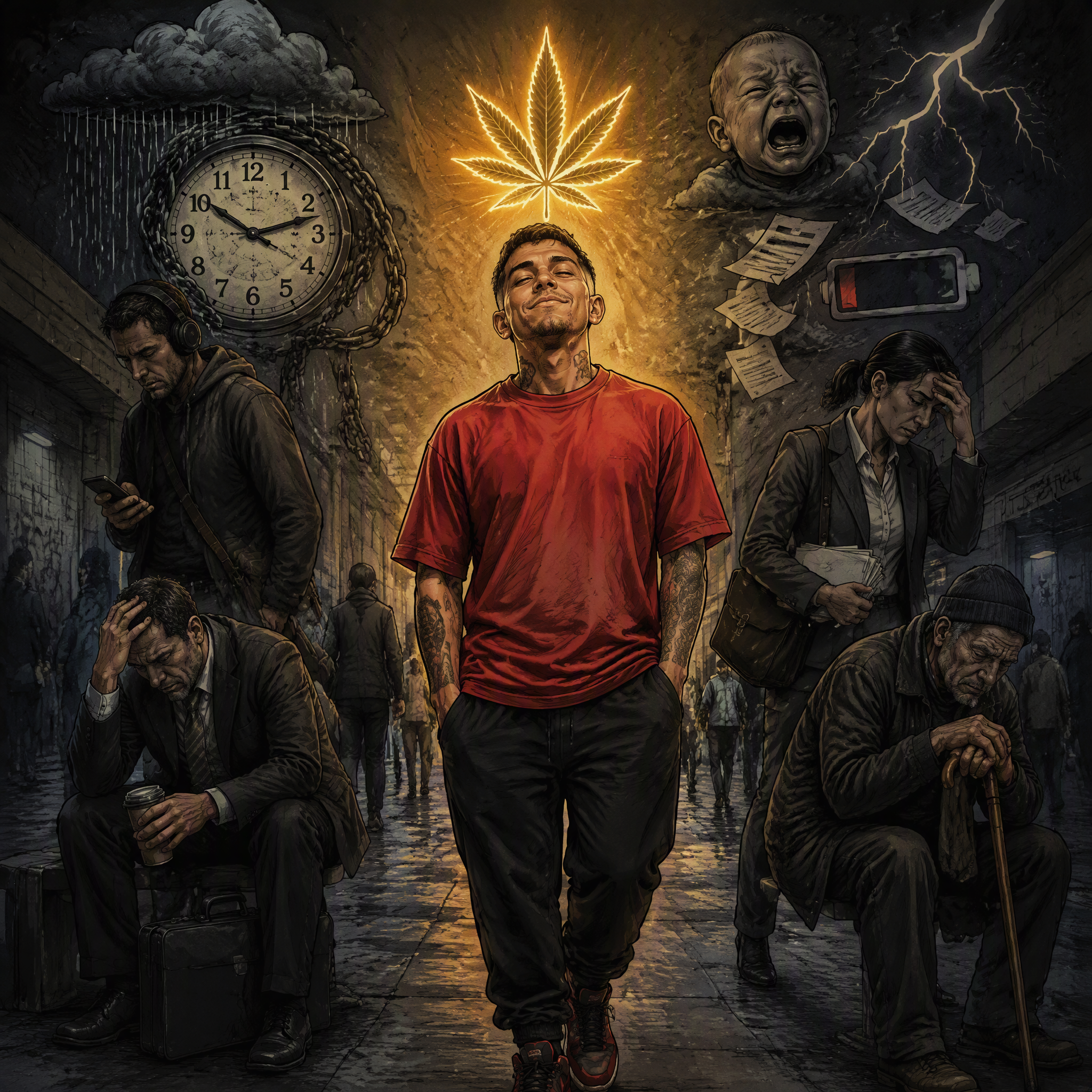 A tattooed young man strides confidently through a grim u...