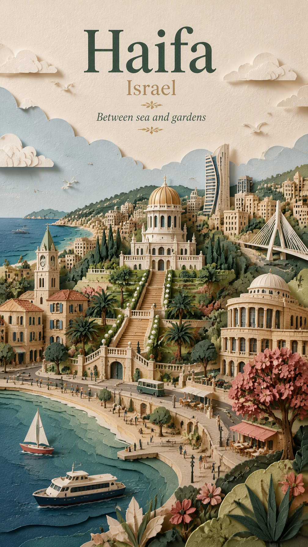 Create a premium vertical 9:16 travel poster of Haifa, Is...