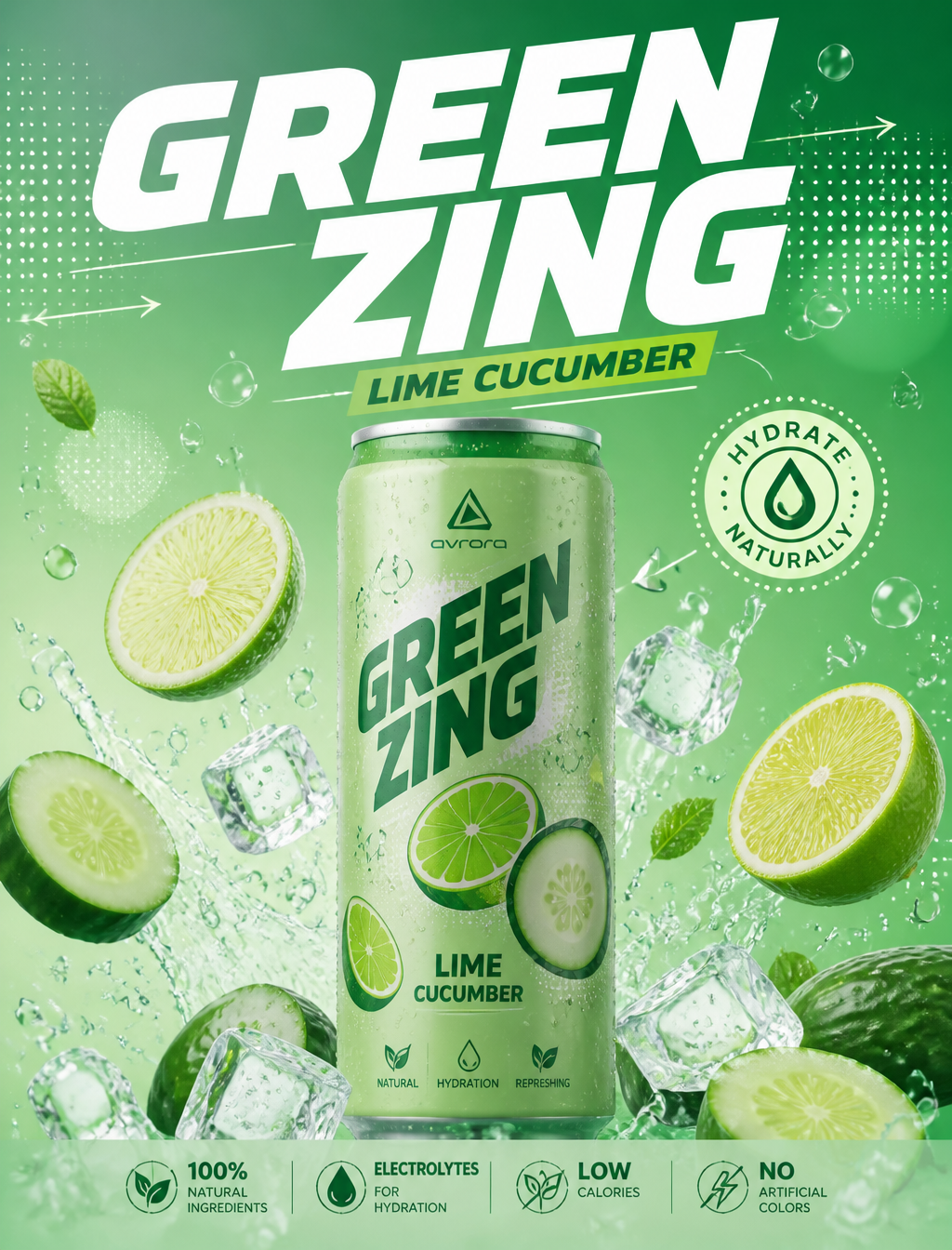 青柠黄瓜气泡饮料广告，薄荷绿色背景，顶部大主标“GREEN ZING”，使用粗体斜体无衬线字体，干净有力量，副标“...