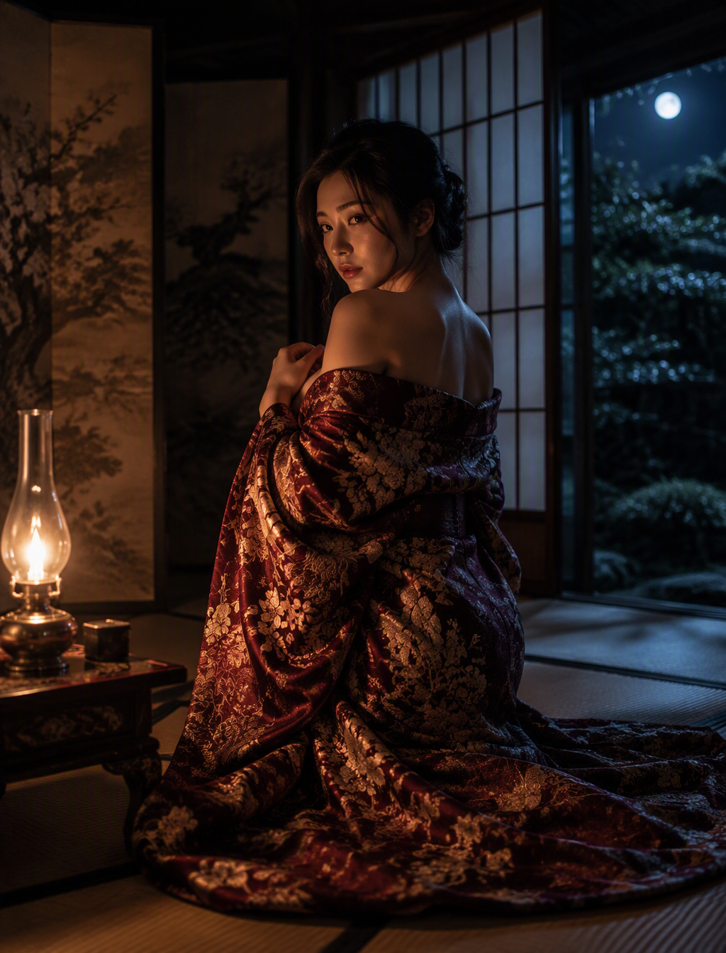 An adult woman kneels in a traditional Japanese room, tur...