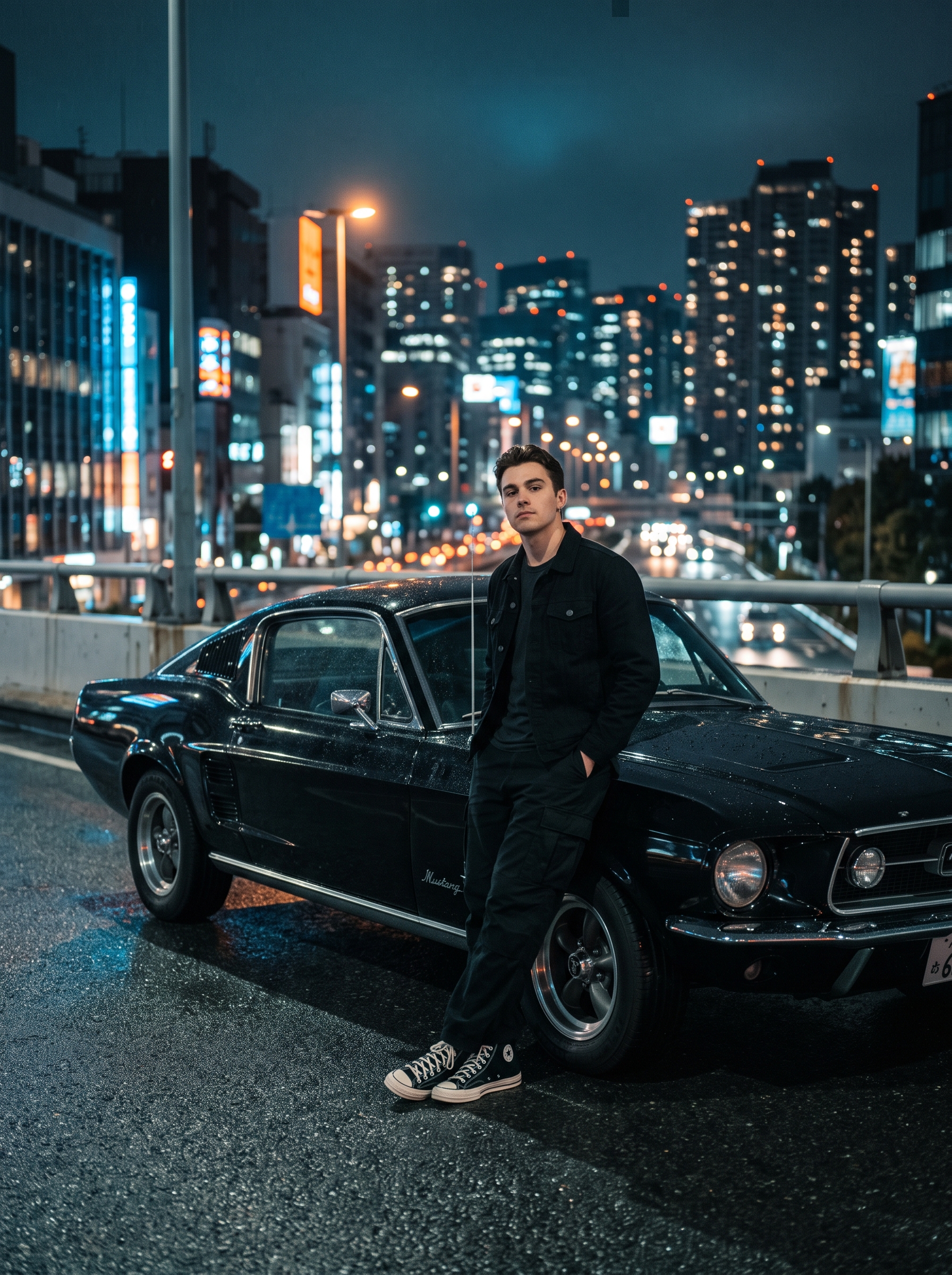 A Cinematic Night Photo On A Dimly Lit Urban Overpass Wit...