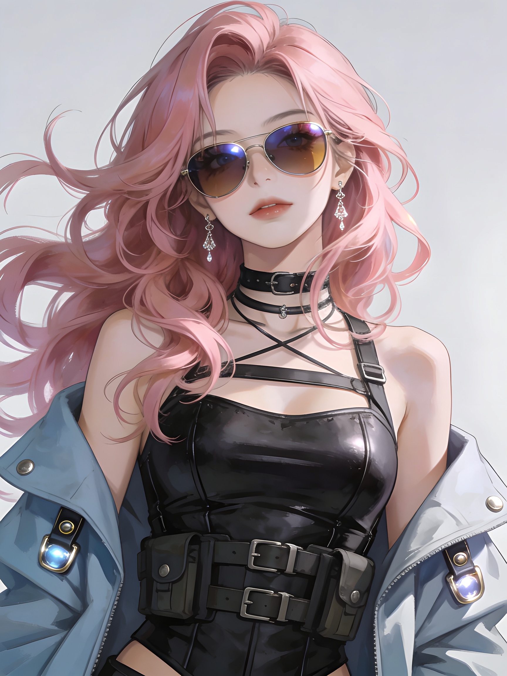 A stylish anime woman faces the viewer in a confident, re...