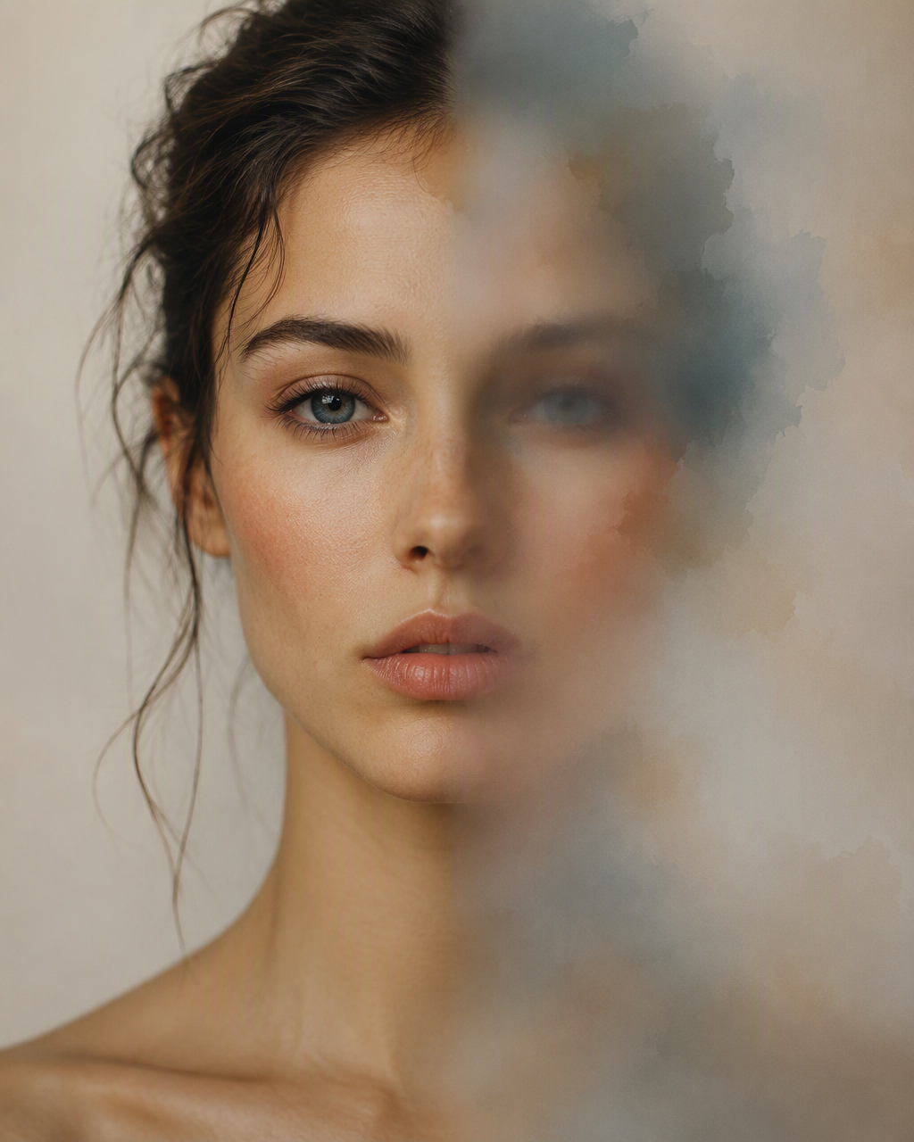 Create an experimental 4:5 portrait where a single woman'...