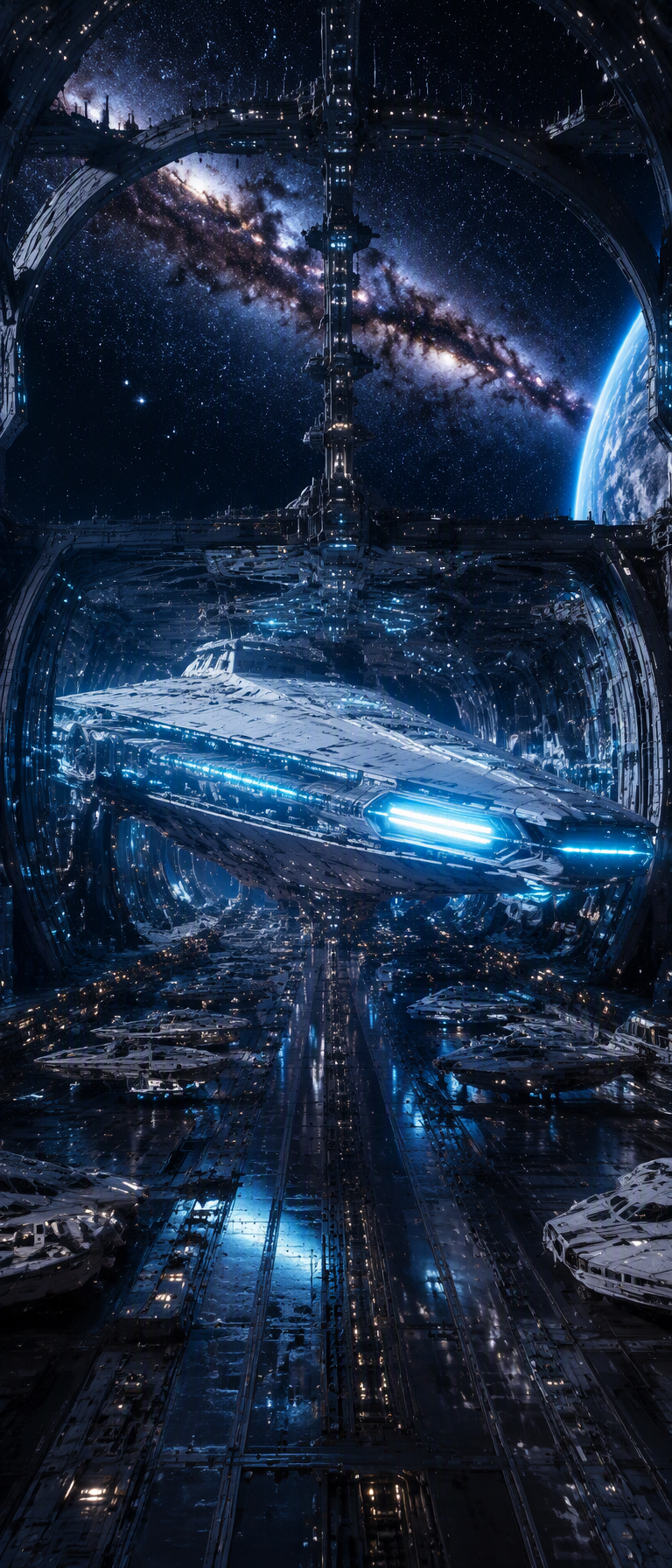 A colossal, sleek white dreadnought-class spaceship with ...