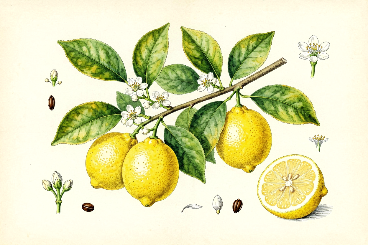Botanical illustration of a lemon tree branch (Citrus lim...
