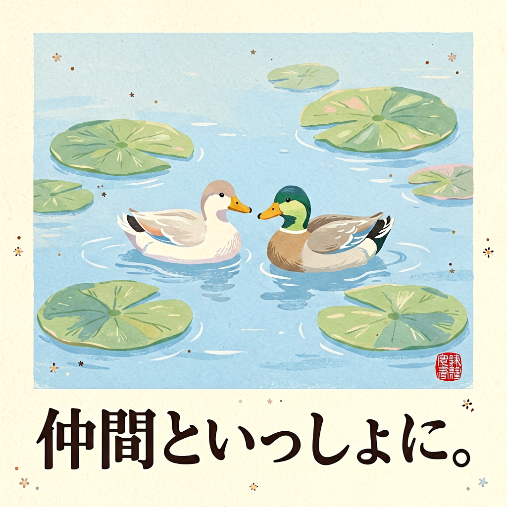 Modern Japanese café poster featuring two ducks floating ...