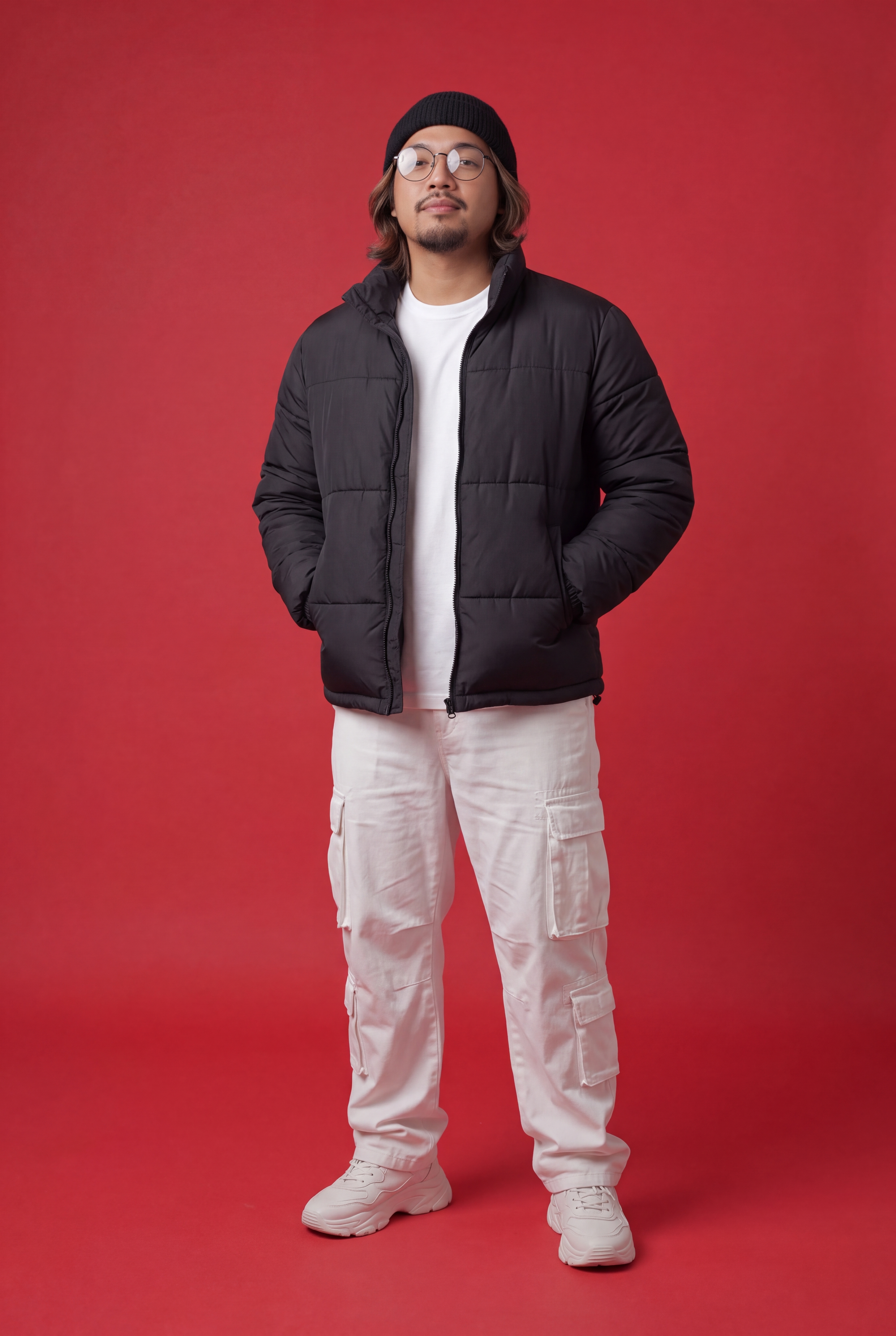 Ultra-realistic full-body studio fashion portrait of a st...