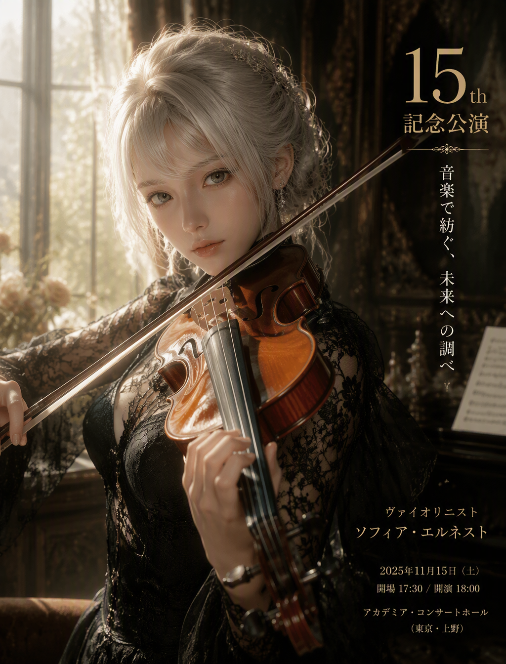 A pale-haired young violinist performs in an ornate, sunl...